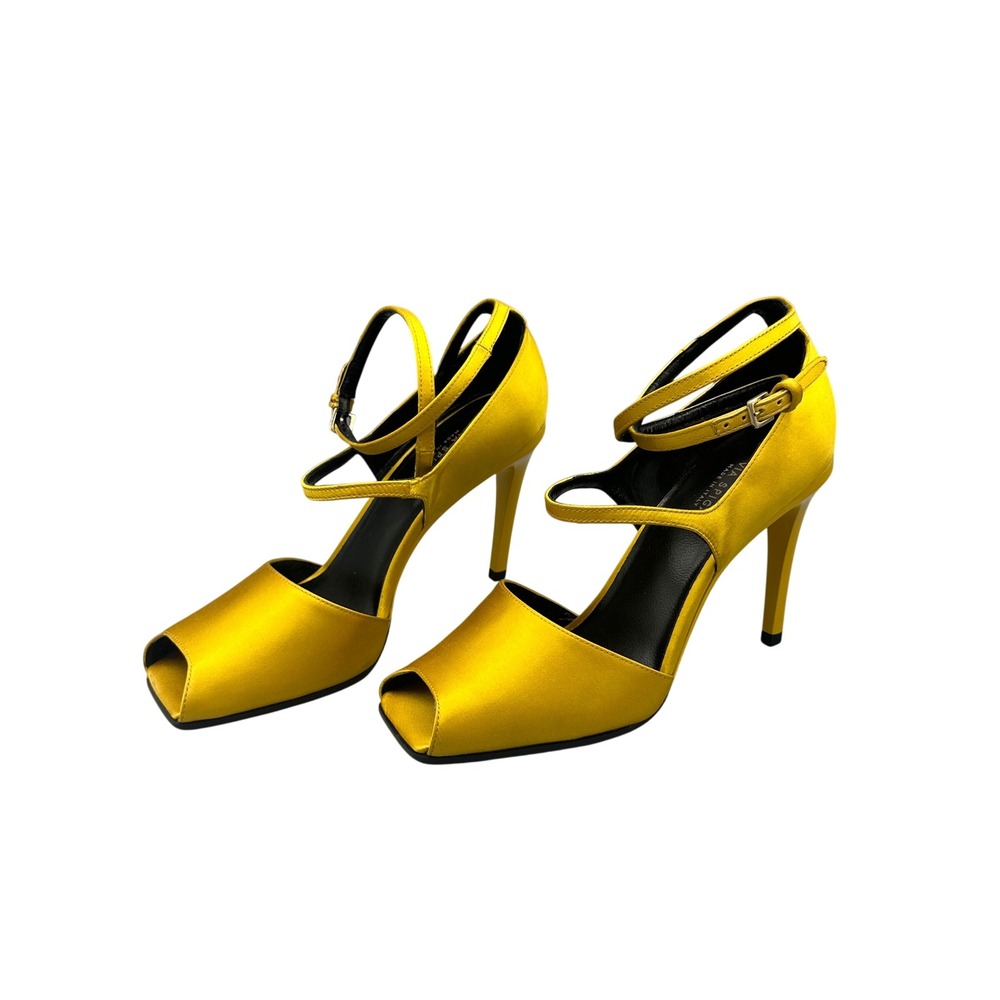 Via Spiga Yellow Satin Square Peep Toe Multi Strap Stiletto Pumps 7.5M 37.5